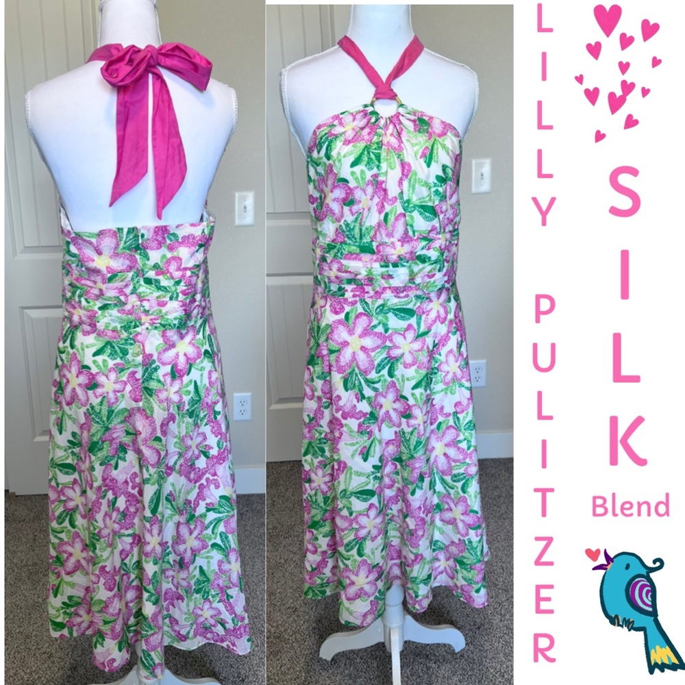 Vintage Label Lilly Pulitzer Floral Silk Cotton Blend Halter Tie Dress Sz 8